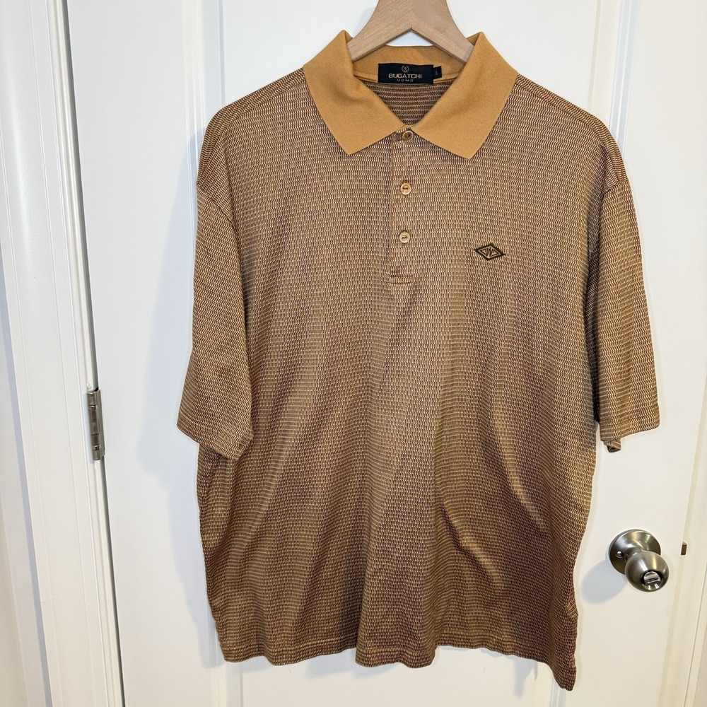 Bugatchi Golf Polo Men L Performance Stretch‎ Brown Geometric Mercerized Cotton